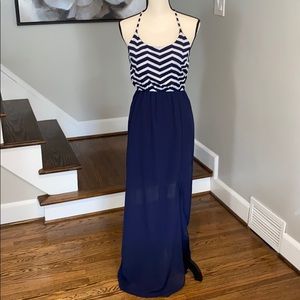 Navy & White Maxi Dress with Slit
